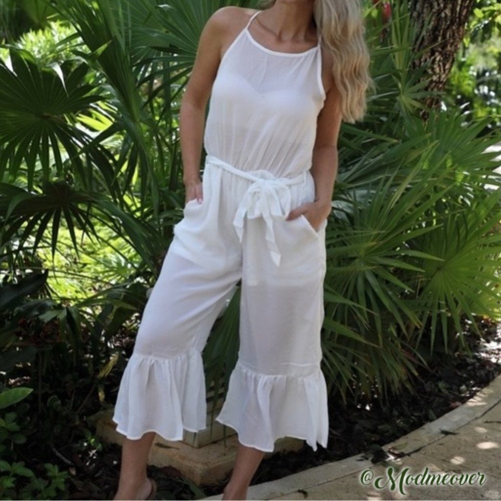White Halter Jumpsuit ~ Cropped Wide Leg ~ Flounce Hemline ~ Partial Liner ~ NEW